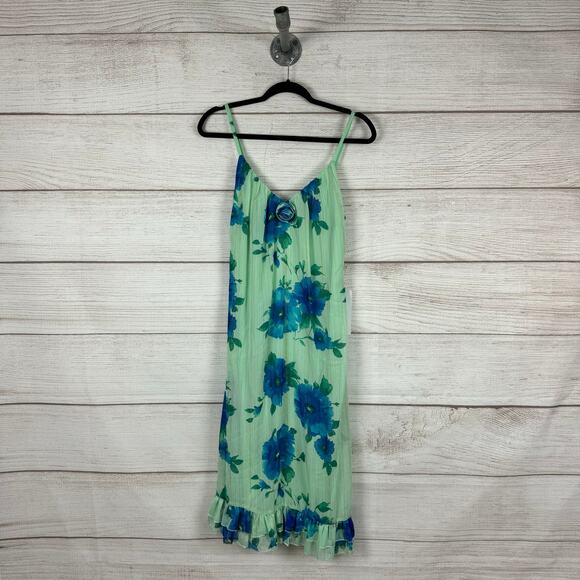 Mimi Chica Women's Green & Blue Floral Metallic Stripe Ruffle Dress Size Medium - Picture 1 of 9